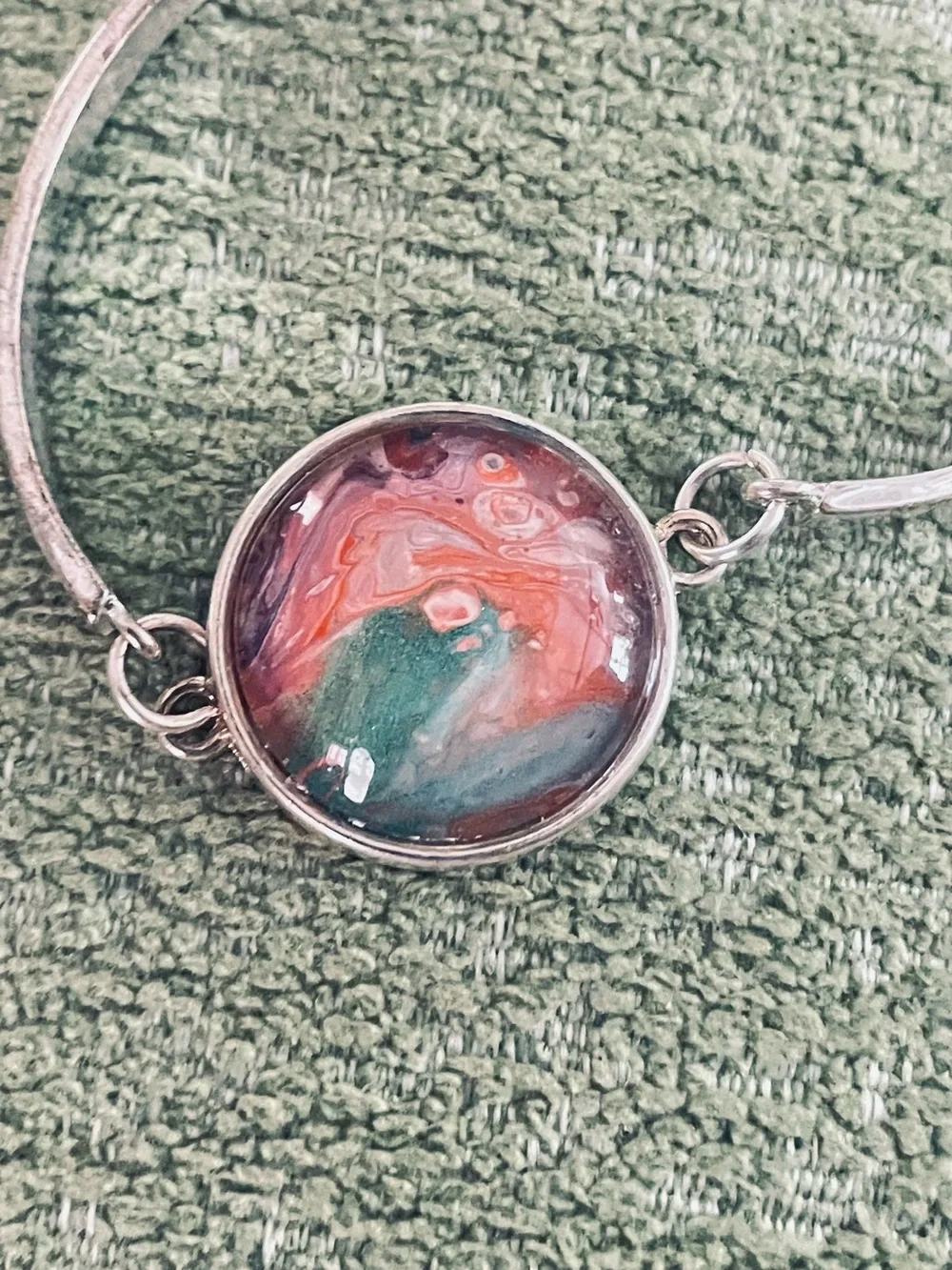 Handcrafted Silver Bracelet with Coral and Teal Glass Cabochon